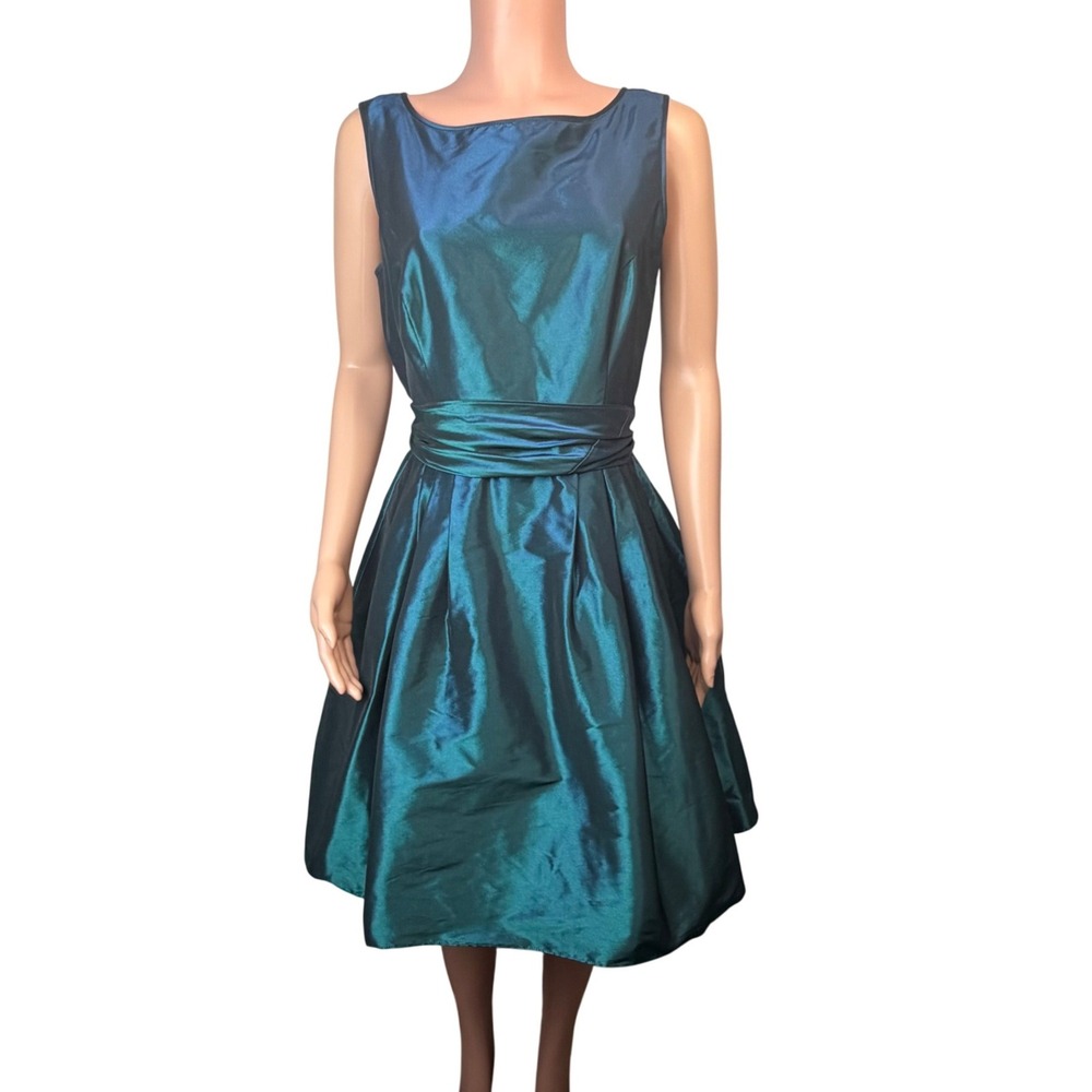 VTG Y2K Flores & Flores Iridescent Teal Taffeta Bow Fit Flare Party Dress Medium